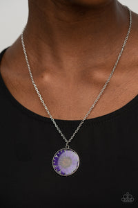 Prairie Promenade - Purple - Paparazzi Accessories -  Item #P2DA-PRXX-101XX A purple daisy is encased inside a glassy casing, creating a whimsical floral pendant beneath the collar. Features an adjustable clasp closure.  Sold as one individual necklace. Includes one pair of matching earrings.