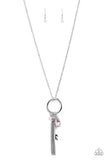 Unlock Your Sparkle - Pink - Paparazzi Accessories -  Item #P2RE-PKXX-300XX A pink teardrop gem, silver key, dainty crystal-like bead, and shimmery silver chain tassel swing from the bottom of a silver ring at the bottom of a lengthened silver chain, creating a whimsically tasseled display. Features an adjustable clasp closure.  Sold as one individual necklace. Includes one pair of matching earrings.