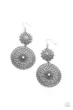 Garden Mantra - White - Paparazzi Accessories -  Item #P5BA-WTXX-023XX Dotted with white opal rhinestone centers, a hammered silver floral frame links with an oversized silver mandala-like frame, creating a whimsical lure. Earring attaches to a standard fishhook fitting.  Sold as one pair of earrings.