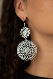 Garden Mantra - White - Paparazzi Accessories -  Item #P5BA-WTXX-023XX Dotted with white opal rhinestone centers, a hammered silver floral frame links with an oversized silver mandala-like frame, creating a whimsical lure. Earring attaches to a standard fishhook fitting.  Sold as one pair of earrings.