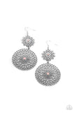 Garden Mantra - Pink - Paparazzi Accessories -   Item #P5BA-PKXX-020XX Dotted with pink opal rhinestone centers, a hammered silver floral frame links with an oversized silver mandala-like frame, creating a whimsical lure. Earring attaches to a standard fishhook fitting.  Sold as one pair of earrings