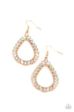 Stay Sharp - Gold - Paparazzi Accessories -  Item #P5RE-GDXX-227XX Featuring flared emerald style cuts, a glittery collection of iridescent gems adorn the front of a gold teardrop for a jaw-dropping dazzle. Earring attaches to a standard fishhook fitting.  Sold as one pair of earrings.