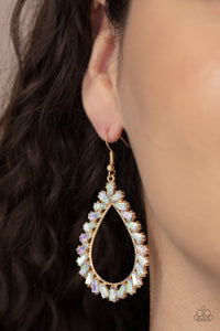 Stay Sharp - Gold - Paparazzi Accessories -  Item #P5RE-GDXX-227XX Featuring flared emerald style cuts, a glittery collection of iridescent gems adorn the front of a gold teardrop for a jaw-dropping dazzle. Earring attaches to a standard fishhook fitting.  Sold as one pair of earrings.