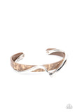 Craveable Curves - Brown - Paparazzi Accessories -   Item #P9BA-BNXX-022XX A flat silver bar delicately curls across a dainty brown shell-like acrylic cuff, creating a whimsical centerpiece around the wrist.  Sold as one individual bracelet.