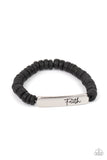 Full Faith - Black - Paparazzi Accessories -  Item #P9WD-URBK-472XX Distressed black wooden discs and a silver plate stamped in the phrase, "Faith," are threaded along a stretchy band around the wrist, creating an inspiring centerpiece.  Sold as one individual bracelet.