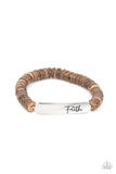 Full Faith - Brown - Paparazzi Accessories -  Item #P9WD-URBN-545XX Distressed brown wooden discs and a silver plate stamped in the phrase, "Faith," are threaded along a stretchy band around the wrist, creating an inspiring centerpiece.  Sold as one individual bracelet.