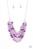 Fairytale Timelessness - Purple - Paparazzi Accessories -  Item #P2ST-PRXX-098XX Varying in shape and opacity, a mismatched collection of light and dark purple crystal-like beads drip from the shimmery silver chains, creating an enchanted layered fringe below the collar. Features an adjustable clasp closure.  Sold as one individual necklace. Includes one pair of matching earrings.