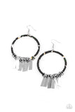 Garden Chimes - Black - Paparazzi Accessories -   Item #P5SE-BKXX-240XX Flared rectangular silver plates swing from the bottom of a hoop wrapped in black, white, and yellow floral fabric, creating a whimsical fringe. Earring attaches to a standard fishhook fitting.  Sold as one pair of earrings.