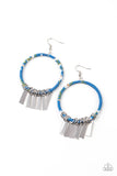 Garden Chimes - Blue - Paparazzi Accessories -  Item #P5SE-BLXX-276XX Flared rectangular silver plates swing from the bottom of a hoop wrapped in blue, black, green, and white floral fabric, creating a whimsical fringe. Earring attaches to a standard fishhook fitting.  Sold as one pair of earrings.