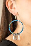 Garden Chimes - Blue - Paparazzi Accessories -  Item #P5SE-BLXX-276XX Flared rectangular silver plates swing from the bottom of a hoop wrapped in blue, black, green, and white floral fabric, creating a whimsical fringe. Earring attaches to a standard fishhook fitting.  Sold as one pair of earrings.