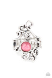 Glimmering Grapevines - Pink - Paparazzi Accessories -  Item #P4WH-PKXX-204XX Rustic silver filigree vines around a glowing pink cat's eye stone, creating a whimsically asymmetrical display across the finger. Features a stretchy band for a flexible fit.  Sold as one individual ring.