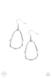 Ready or YACHT - White - Paparazzi Accessories -  Item #P5BA-WTXX-024ZT The bottom edge of an airy asymmetrical silver teardrop frame is studded and dotted in dainty white rhinestones, creating an elegant display. Earring attaches to a standard fishhook fitting.  Sold as one pair of earrings.