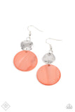 Opulently Oasis - Orange - Paparazzi Accessories -  Item #P5SE-OGXX-155ZZ A large pearlescent disc in the spring Pantone® of Burnt Coral is topped by a wavy, sparkling silver disc. The pair sways dramatically from a silver fitting for a breezy finish. Earring attaches to a standard fishhook fitting.  Sold as one pair of earrings.  021 APRIL FASHION FIX