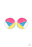 Artistic Expression - Multi - Paparazzi Accessories -  Item #P5PO-MTPK-047XX A dainty round frame is painted in pink, blue, yellow, and white geometric sections, creating an abstract display. Earring attaches to a standard post fitting.  Sold as one pair of post earrings.