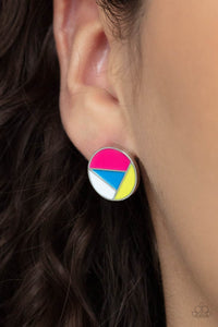 Artistic Expression - Multi - Paparazzi Accessories -  Item #P5PO-MTPK-047XX A dainty round frame is painted in pink, blue, yellow, and white geometric sections, creating an abstract display. Earring attaches to a standard post fitting.  Sold as one pair of post earrings.