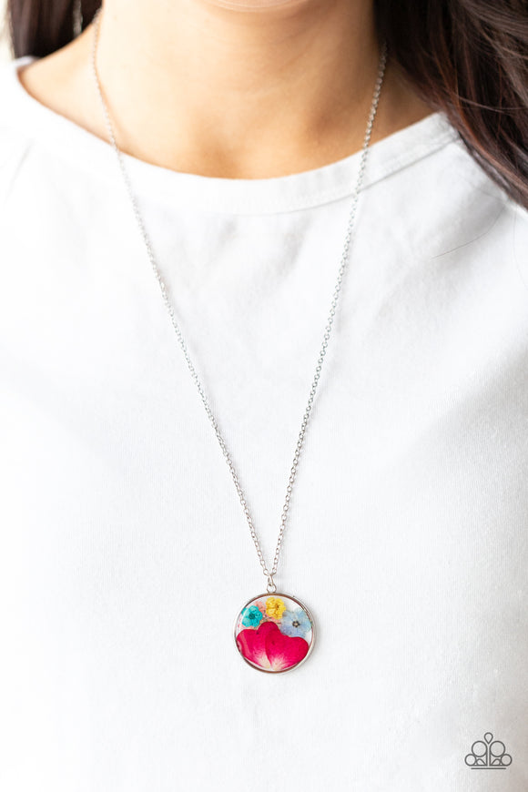 Eternal Spring - Multi - Paparazzi Accessories -  Item #P2SE-MTXX-205XX A colorful collection of wildflowers is encased in a glassy pendant, creating a whimsical display below the collar. Features an adjustable clasp closure.  Sold as one individual necklace. Includes one pair of matching earrings.