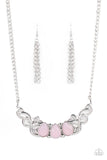 Heavenly Happenstance - Pink Item #P2ST-PKXX-085XX Featuring an opaque iridescence, a row of pink teardrop beads are pressed into a studded backdrop of vine-like silver filigree, creating a whimsical centerpiece below the collar. Features an adjustable clasp closure.  Sold as one individual necklace. Includes one pair of matching earrings.