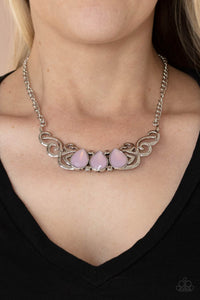 Heavenly Happenstance - Pink Item #P2ST-PKXX-085XX Featuring an opaque iridescence, a row of pink teardrop beads are pressed into a studded backdrop of vine-like silver filigree, creating a whimsical centerpiece below the collar. Features an adjustable clasp closure.  Sold as one individual necklace. Includes one pair of matching earrings.