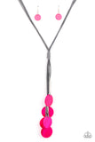 Tidal Tassels - Pink - Paparazzi Accessories -  Item #P2SE-PKXX-211XX Featuring cylindrical silver accents, iridescent pink shell-like discs swing from the ends of knotted Ultimate Gray cords, creating a flamboyant tassel. Features an adjustable sliding knot closure.  Sold as one individual necklace. Includes one pair of matching earrings.