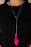 Tidal Tassels - Pink - Paparazzi Accessories -  Item #P2SE-PKXX-211XX Featuring cylindrical silver accents, iridescent pink shell-like discs swing from the ends of knotted Ultimate Gray cords, creating a flamboyant tassel. Features an adjustable sliding knot closure.  Sold as one individual necklace. Includes one pair of matching earrings.