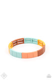 Material Movement - Multi - Paparazzi Accessories -  Item #P9SE-MTXX-163ZX Metal rectangles painted in the spring Pantone® shades of Cerulean, Rust, Marigold, and Burnt Coral are threaded along stretchy bands, forming a gorgeous spectrum of color that wraps around the wrist.  Sold as one individual bracelet.  2021 APRIL FASHION FIX