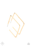 Material Girl Magic - Gold - Paparazzi Accessories -  Item #P5HO-GDXX-196ZX A deceptively simple square frame is tilted on point to create a geometric hoop. Its sharp angles are complemented by its rich gold finish, making a lasting impression. Earring attaches to a standard post fitting. Hoop measures approximately 2" in diameter.  Sold as one pair of hoop earrings.  2021 APRIL FASHION FIX