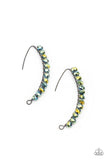 GLOW Hanging Fruit - Multi (Oil Spill) - Paparazzi Accessories -  Item #P5PO-MTXX-028XX A glittery collection of iridescent flecked metallic blue rhinestones are fitted in place along a curved gunmetal wire, creating a glamorous hanging post. Earring attaches to a standard hanging post fitting.  Sold as one pair of post earrings.