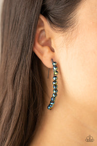 GLOW Hanging Fruit - Multi (Oil Spill) - Paparazzi Accessories -  Item #P5PO-MTXX-028XX A glittery collection of iridescent flecked metallic blue rhinestones are fitted in place along a curved gunmetal wire, creating a glamorous hanging post. Earring attaches to a standard hanging post fitting.  Sold as one pair of post earrings.