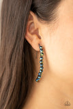 GLOW Hanging Fruit - Multi (Oil Spill) - Paparazzi Accessories -  Item #P5PO-MTXX-028XX A glittery collection of iridescent flecked metallic blue rhinestones are fitted in place along a curved gunmetal wire, creating a glamorous hanging post. Earring attaches to a standard hanging post fitting.  Sold as one pair of post earrings.