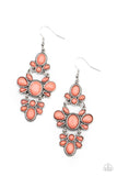 VACAY The Premises - Orange - Paparazzi Accessories - Item #P5WH-OGXX-159XX Featuring round, marquise, and teardrop shapes, a faceted collection of Burnt Coral beads connect into three ornate frames that link into a single lure for a flirtatious effect. Earring attaches to a standard fishhook fitting.  Sold as one pair of earrings.