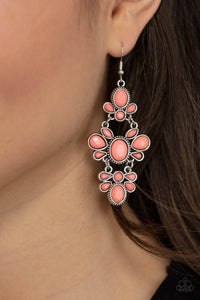 VACAY The Premises - Orange - Paparazzi Accessories - Item #P5WH-OGXX-159XX Featuring round, marquise, and teardrop shapes, a faceted collection of Burnt Coral beads connect into three ornate frames that link into a single lure for a flirtatious effect. Earring attaches to a standard fishhook fitting.  Sold as one pair of earrings.