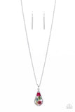 Pop Goes the Perennial - Pink - Paparazzi Accessories -   Item #P2SE-PKXX-218XX A bouquet of delicate flowers encased in a silver teardrop frame swings from a lengthened silver chain for a sweet semblance of spring. Features an adjustable clasp closure.  Sold as one individual necklace. Includes one pair of matching earrings.