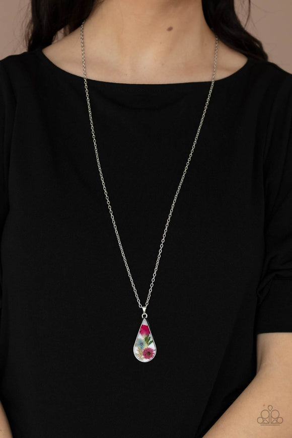 Pop Goes the Perennial - Pink - Paparazzi Accessories -   Item #P2SE-PKXX-218XX A bouquet of delicate flowers encased in a silver teardrop frame swings from a lengthened silver chain for a sweet semblance of spring. Features an adjustable clasp closure.  Sold as one individual necklace. Includes one pair of matching earrings.