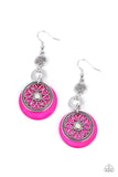 Royal Marina​ - Pink - Paparazzi Accessories -   Item #P5WH-PKXX-228XX Reminiscent of an eclipse, an airy silver ring radiating with ornate petals, sways in front of a pink shell-like disc. Silver rings in graduating sizes cascade from the top for a whimsically nautical look. Earring attaches to a standard fishhook fitting.  Sold as one pair of earrings.