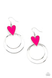 Happily Ever Hearts - Pink - Paparazzi Accessories -  Item #P5WH-PKXX-234XX Dainty silver hoops attach to the bottom of a playful Raspberry Sorbet heart frame, creating a flirtatious pop of color. Earring attaches to a standard fishhook fitting.  Sold as one pair of earrings.