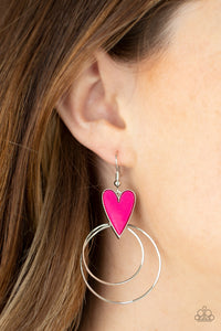 Happily Ever Hearts - Pink - Paparazzi Accessories -  Item #P5WH-PKXX-234XX Dainty silver hoops attach to the bottom of a playful Raspberry Sorbet heart frame, creating a flirtatious pop of color. Earring attaches to a standard fishhook fitting.  Sold as one pair of earrings.