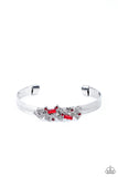 A Chic Clique - Red - Paparazzi Accessories -   Item #P9RE-RDXX-127XX A jumble of dazzling red and white rectangle-shaped rhinestones mingle with small red sparkling rhinestones atop a modern stamped silver cuff.  Sold as one individual bracelet.