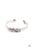 A Chic Clique - Purple - Paparazzi Accessories -  Item #P9RE-PRXX-138XX A jumble of dazzling purple and white rectangle-shaped rhinestones mingle with small purple sparkling rhinestones atop a modern stamped silver cuff.  Sold as one individual bracelet.