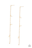 Dauntlessly Dainty - Gold - Paparazzi Accessories -  Item #P5PO-GDXX-132XX Pairs of dainty gold and pearly white seed beads trickle along a lengthened gold chain, creating an extended chandelier. Earring attaches to a standard post fitting.  Sold as one pair of post earrings.