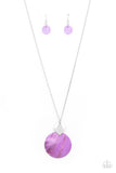 Tidal Tease - Purple - Paparazzi Accessories -  Item #P2SE-PRXX-187XX Featuring a glistening iridescence, a Lavender shell-like disc attaches to a shiny silver frame at the bottom of a lengthened silver chain, creating a summery pendant. Features an adjustable clasp closure.  Sold as one individual necklace. Includes one pair of matching earrings..