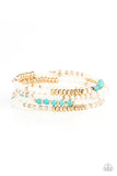 Infinitely Dreamy - Gold - Paparazzi accessories -   Item #P9ST-GDXX-039XX Sections of pearly white seed beads alternate with gold, turquoise, and crystal-like beads in infinite rows. The dreamy colors are threaded along a continuous strand of wire for an infinity wrap-style bracelet around the wrist.  Sold as one individual bracelet.