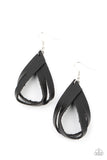 Thats A STRAP - Black - Paparazzi Accessories -   Item #P5SE-BKXX-233XX A piece of rustic black leather is spliced into strands that delicately loop into an earthy frame. Earring attaches to a standard fishhook fitting.  Sold as one pair of earrings.