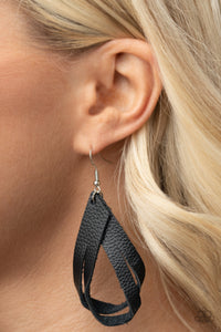 Thats A STRAP - Black - Paparazzi Accessories -   Item #P5SE-BKXX-233XX A piece of rustic black leather is spliced into strands that delicately loop into an earthy frame. Earring attaches to a standard fishhook fitting.  Sold as one pair of earrings.