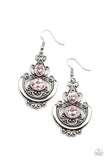 Unlimited Vacation - Pink - Paparazzi Accessories -  Item #P5WH-PKXX-233XX Oval pink rhinestones embellish an ornate silver frame swirling with studded and textured silver filigree, coalescing into an elegant lure. Earring attaches to a standard fishhook fitting.  Sold as one pair of earrings.