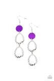 Surfside Shimmer - Purple - Paparazzi Accessories - Item #P5WH-PRXX-239XX A pearly purple shell disc anchors to two shiny hammered silver asymmetrical hoops as they dangle from the ear creating a dazzling lure. Earring attaches to a standard fishhook fitting.  Sold as one pair of earrings.