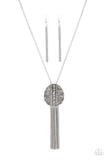 Radical Refinery - Silver - Paparazzi Accessories -   Item #P2ED-SVXX-200XX An oversized concave silver disc, ribbed with a linear texture, creates a dramatic backdrop for a stacked row of faceted silver beads. A flirty tassel of delicate silver chains sways from the bottom of the pendant for a sassy finish at the bottom of a lengthened silver chain. Features an adjustable clasp closure.>  Sold as one individual necklace. Includes one pair of matching earrings.