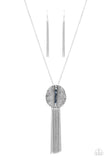 Radical Refinery - Blue - Paparazzi Accessories -  Item #P2ED-BLXX-042XX An oversized concave silver disc, ribbed with linear texture, creates a dramatic backdrop for a vertical row of faceted blue beads. A flirty tassel of delicate silver chains sways from the bottom of the pendant for a sassy finish at the bottom of a lengthened silver chain. Features an adjustable clasp closure.  Sold as one individual necklace. Includes one pair of matching earrings.