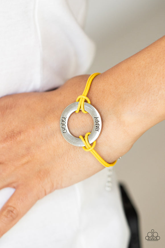 Choose Happy - Yellow - Paparazzi Accessories -  Item #P9WD-URYW-073XX Infused with studded silver beads, yellow leathery cords knot around a silver ring stamped in the phrase, 