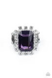 Galactic Glamour - Purple - Paparazzi Accessories -   Item #P4ST-PRXX-005XX Featuring dainty silver square fittings, an explosion of glassy white rhinestones fans out from a dramatically oversized emerald cut purple rhinestone center, creating a stellar centerpiece atop the finger. Features a stretchy band for a flexible fit.  Sold as one individual ring.