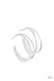 Rustic Curves - Silver - Paparazzi Accessories -  Item #P5HO-SVXX-281XX Featuring textured edges, two silver crescent frames delicately curve into bold double hoops for an edgy urban look. Earring attaches to a standard post fitting. Hoop measures approximately 1 1/2" in diameter.  Sold as one pair of hoop earrings.